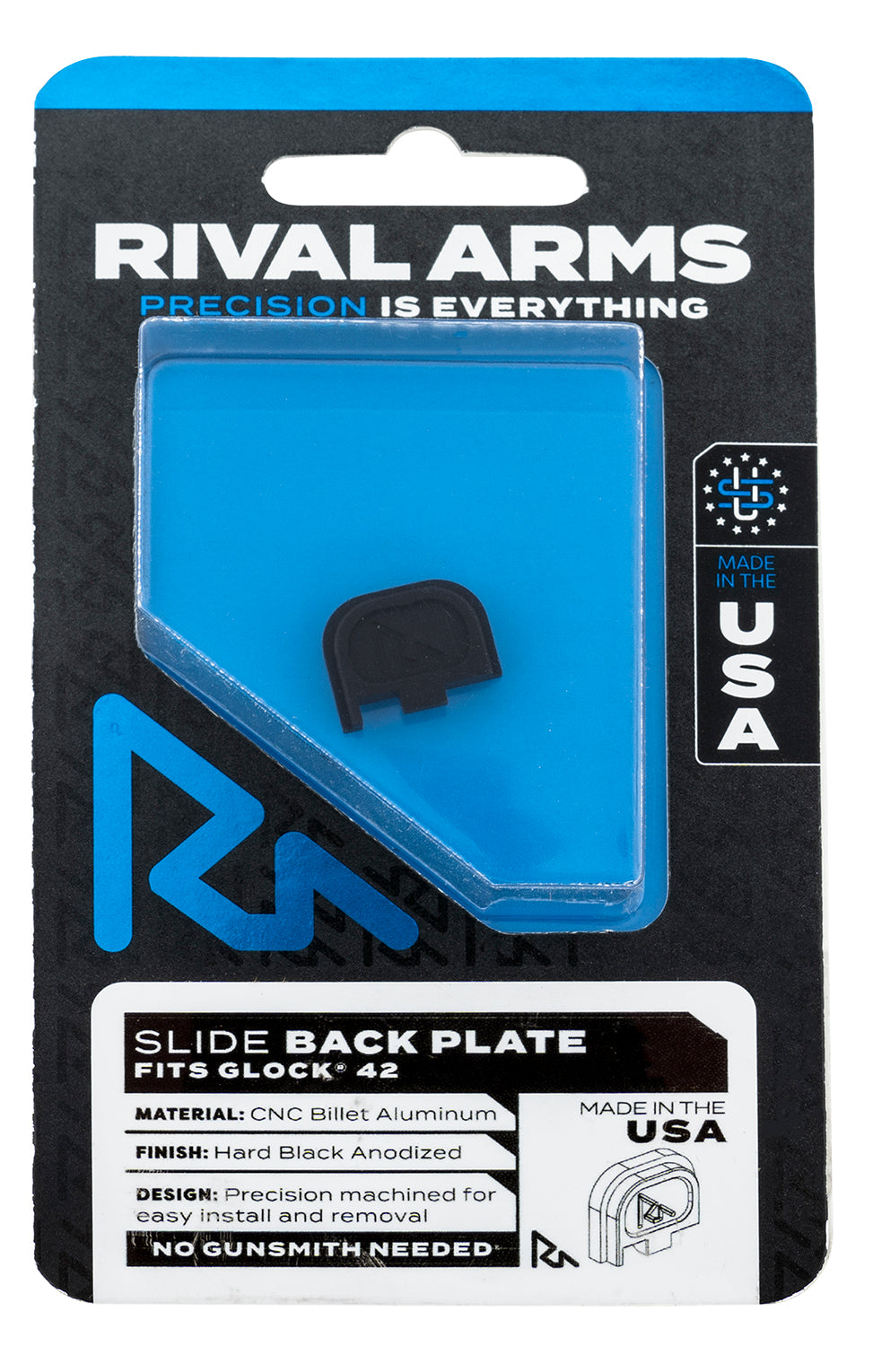 Rival Arms RA43G003A Slide Back Cover Plate  Single Stack Black Anodized Aluminum for Glock 42