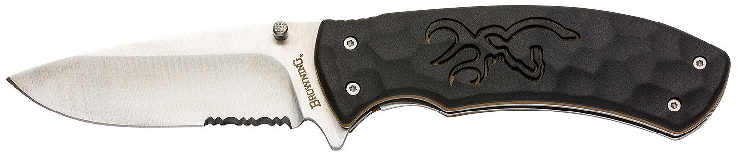 Browning 3220428 Primal  Small 3" Folding Drop Point Part Serrated 8Cr13MoV SS Blade/Black Polymer w/Rubber Overmold Handle Includes Pocket Clip