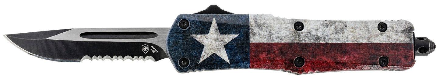 Templar Knife SCAP631 Captain Gen II Small 2.69" OTF Drop Point Part Serrated Black Oxide Stonewashed 440C SS Blade/ 4.31" Red/White/Blue w/ Star Aluminum Handle Features Glass Breaker Includes Pocket Clip/Sheath
