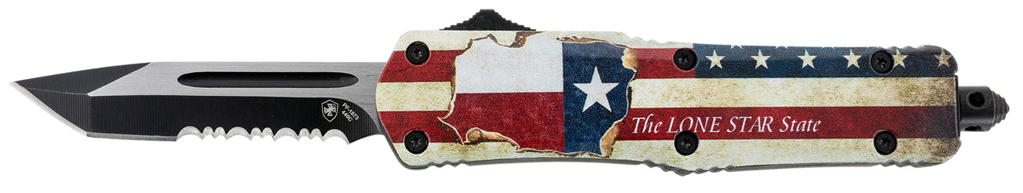 Templar Knife STX531 Texan Gen II Small 2.25" OTF Tanto Part Serrated Black Oxide Stonewashed 440C SS Blade/ 4.31" Texas Flag Aluminum Handle Features Glass Breaker Includes Pocket Clip/Sheath