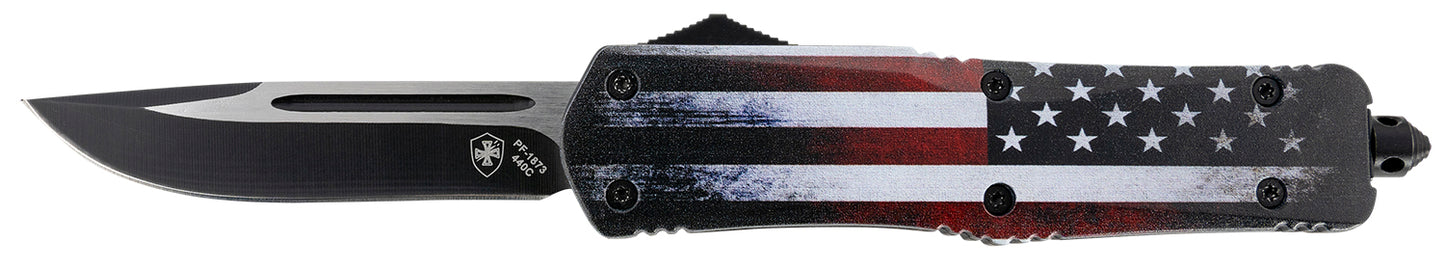 Templar Knife LUS331 US Flag Gen II Large 3.50" OTF Drop Point Plain Black Oxide Stonewashed 440C SS Blade/ 5.25" US Flag Aluminum Handle Features Glass Breaker Includes Pocket Clip/Sheath