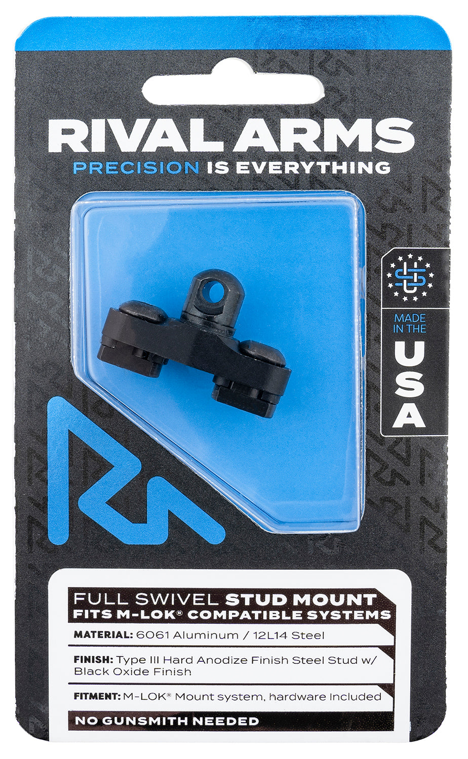 Rival Arms RARA92M1B Full Swivel Stud Mount  Black 6061-T6 Aluminum with Black Anodized 12L14 Steel Stud for M-LOK Mount System