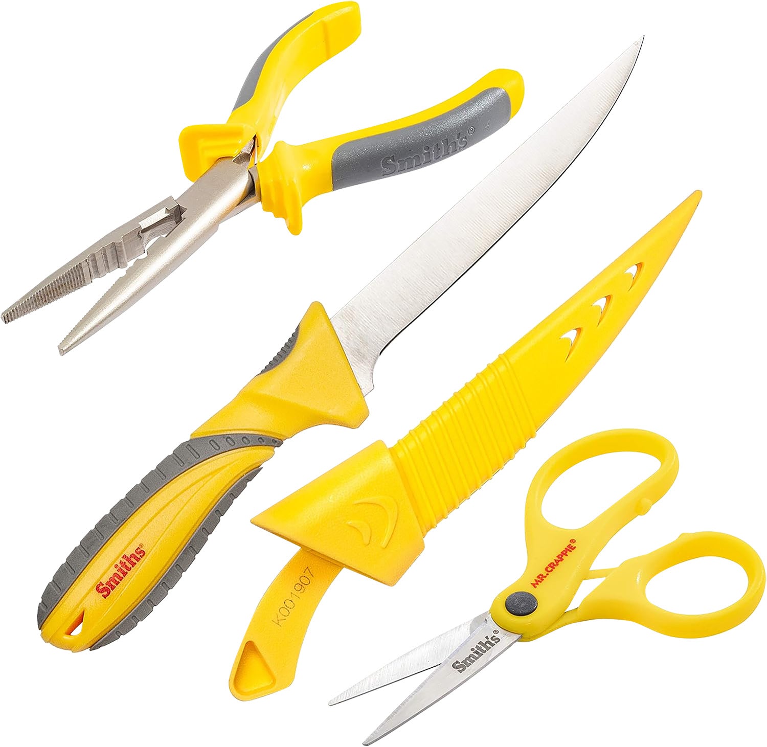 Smiths Products 51232 Mr. Crappie Fishing Combo 6" Fixed Fillet Plain 400 Stainless Steel Blade Gray/Yellow TPE Handle Features Braid Line Scissors/Pliers Includes Pliers/Scissors/Sheath