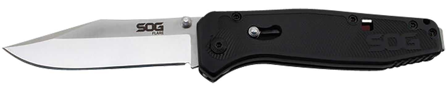 S.O.G SOGFLA1001CP Flare  3.50" Folding Plain Clip Point Satin Polished/Black GRN Handle