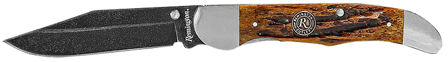 Remington Accessories 15647 Backwoods  Folding Stonewashed Carbon Steel Blade Coffee Brown w/Remington Medallion Bone Handle