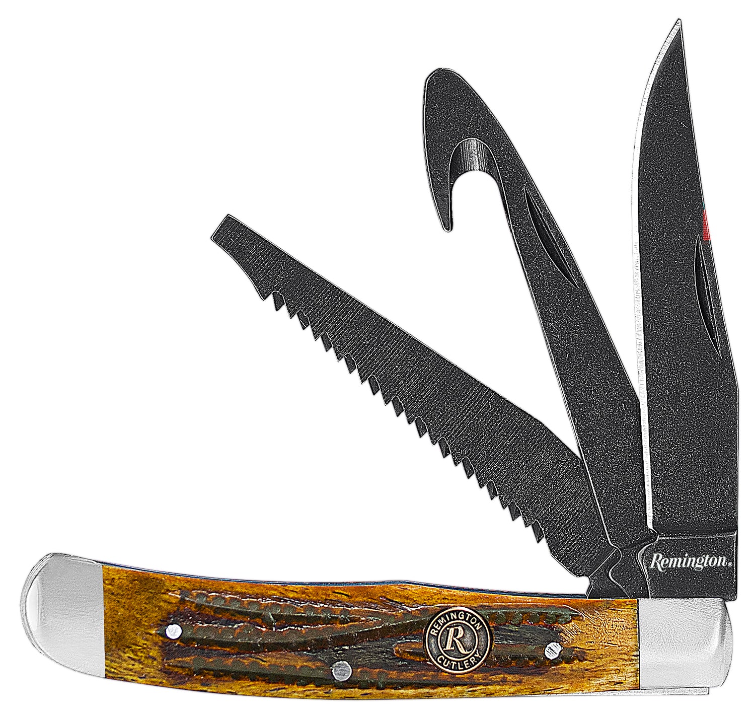 Remington Accessories 15648 Backwoods Trapper Folding Stonewashed Carbon Steel Blade Coffee Brown w/Remington Medallion Bone Handle