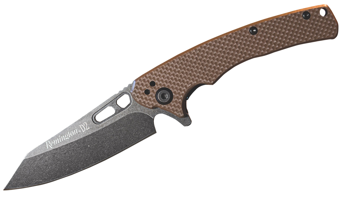 Remington Accessories 15664 EDC  Folding Caper Stonewashed D2 Steel Blade Tan G10 Handle Includes Pocket Clip