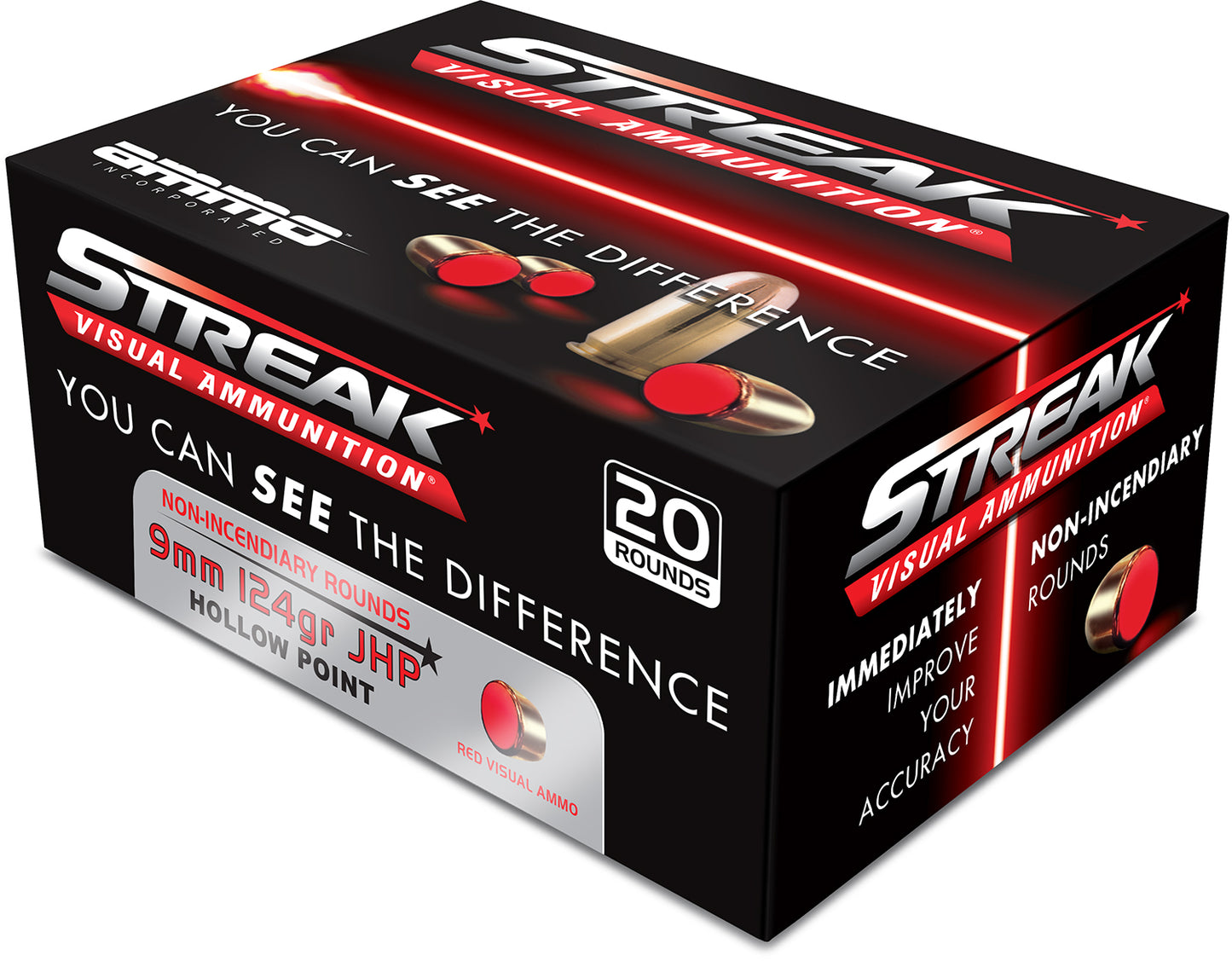 Ammo Inc 9124JHPSTRKRED Streak Visual (RED)  9mm Luger 124gr Jacket Hollow Point 20 Per Box/10 Case