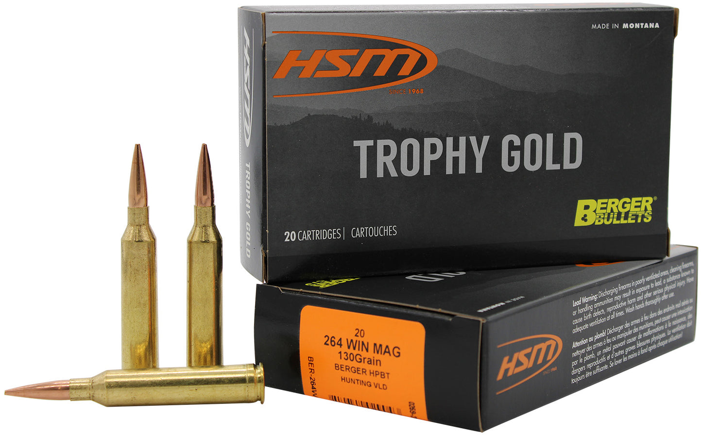 HSM 264WM130VLD Trophy Gold Extended Range 264 Win Mag 130 gr Berger Hunting VLD Match 20 Per Box/ 20 Case