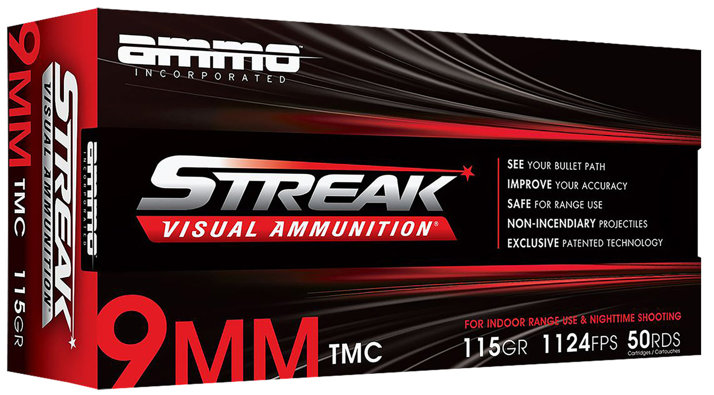 Ammo Inc 9115TMCSTRKRED50 Streak Visual (RED)  9mm Luger 115gr Total Metal Case 50 Per Box/20 Case