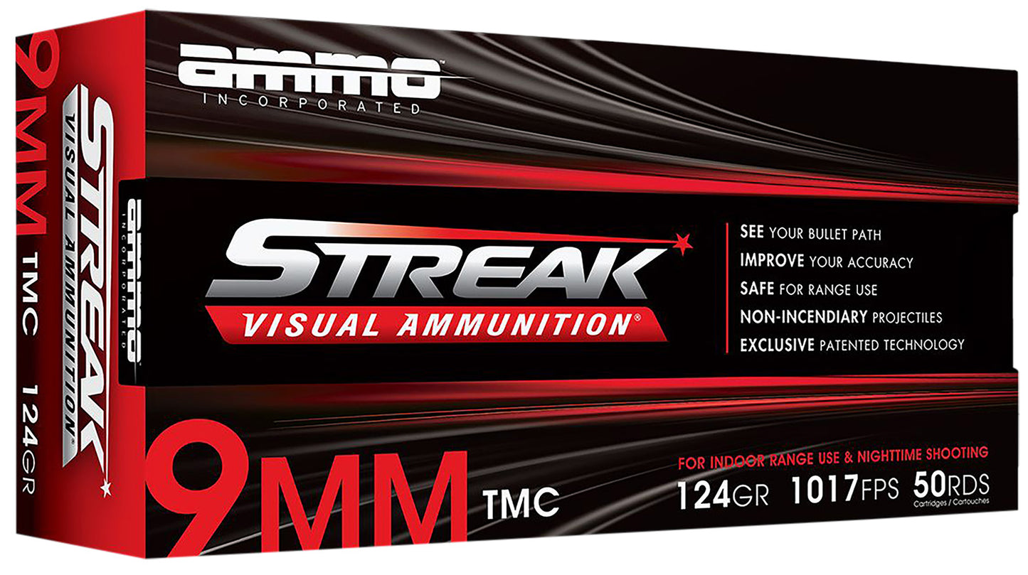 Ammo Inc 9124TMCSTRKRED50 Streak Visual (RED)  9mm Luger 124gr Total Metal Case 50 Per Box/20 Case