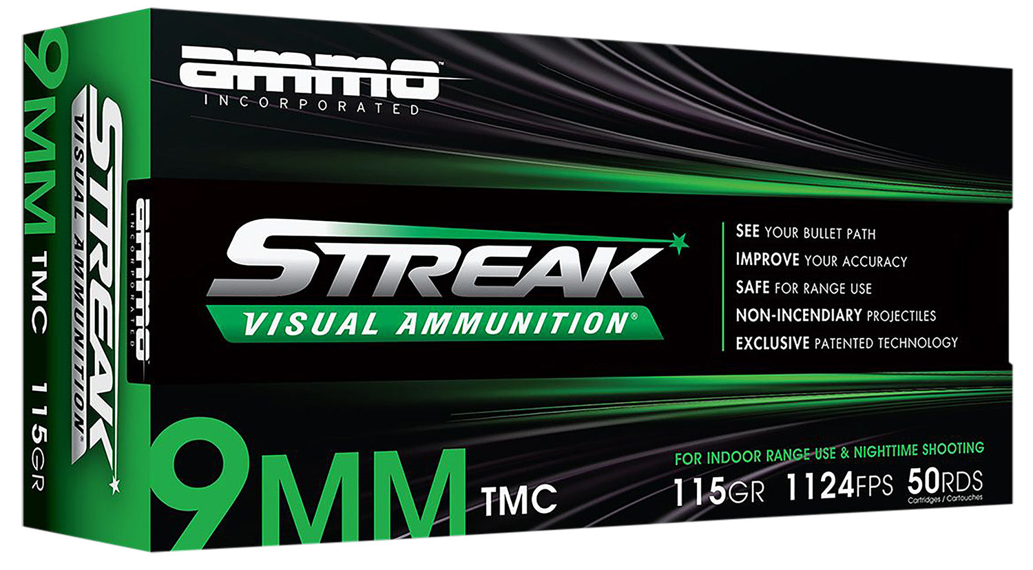 Ammo Inc 9115TMCSTRKGRN50 Streak Visual (GREEN)  9mm Luger 115gr Total Metal Case 50 Per Box/20 Case