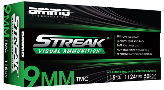 Ammo Inc 9115TMCSTRKGRN50 Streak Visual (GREEN)  9mm Luger 115gr Total Metal Case 50 Per Box/20 Case
