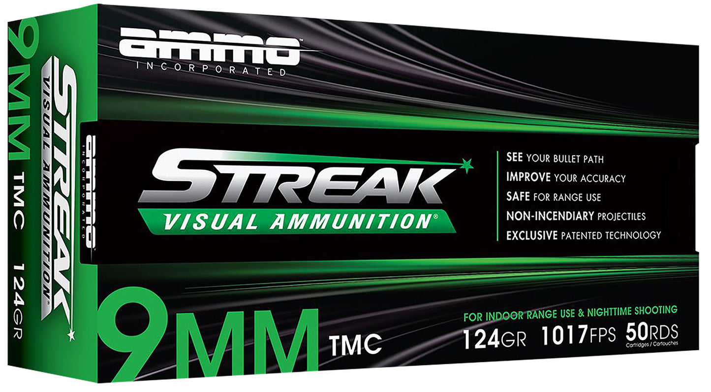 Ammo Inc 9124TMCSTRKGRN50 Streak Visual (GREEN)  9mm Luger 124gr Total Metal Case 50 Per Box/20 Case