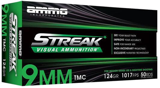 Ammo Inc 9124TMCSTRKGRN50 Streak Visual (GREEN)  9mm Luger 124gr Total Metal Case 50 Per Box/20 Case