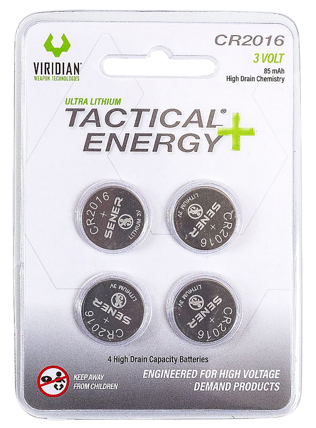 Viridian 3500013 CR2016 Lithium Battery Tactical Energy Silver 3.0 Volts 85 mAh (4) Single Pack