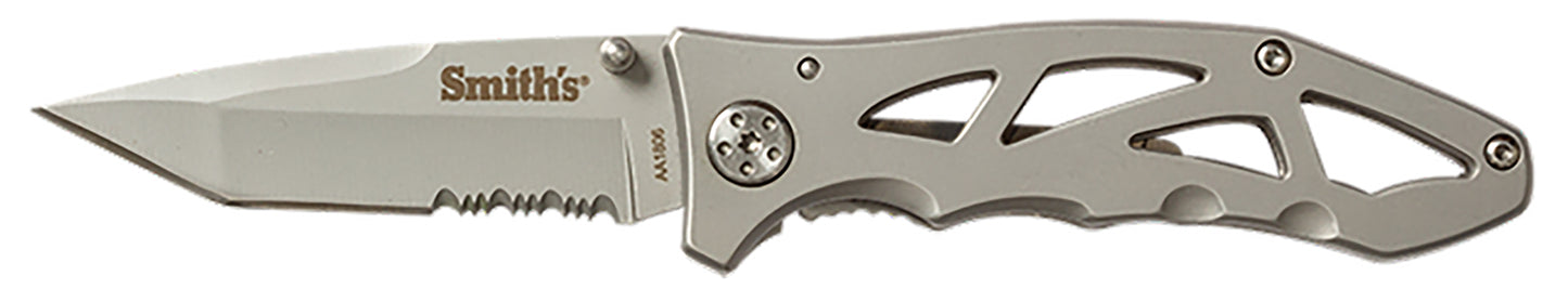 Smiths Products 51009 Caprella  2.95" Folding Drop Point Part Serrated Bead Blasted 400 SS Blade/Silver Skeletonized Stainless Steel Handle Includes Pocket Clip