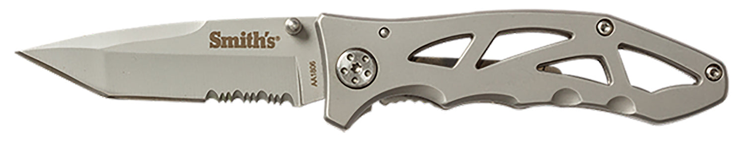 Smiths Products 51009 Caprella  2.95" Folding Drop Point Part Serrated Bead Blasted 400 SS Blade/Silver Skeletonized Stainless Steel Handle Includes Pocket Clip