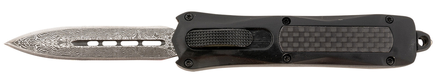 Steel River Knives MA163BDD Spartan  Mini 2.70" OTF Dagger Plain Damascus 440C SS Blade/ Black w/Carbon Fiber Inlay Aluminum Zinc Alloy Handle