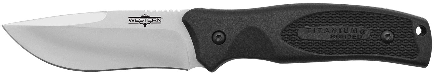 Camillus 19232 Western Black River 3.75" Fixed Drop Point Plain Satin 420 Steel Titanium Bonded Blade, Black Rubber Handle, Includes Sheath