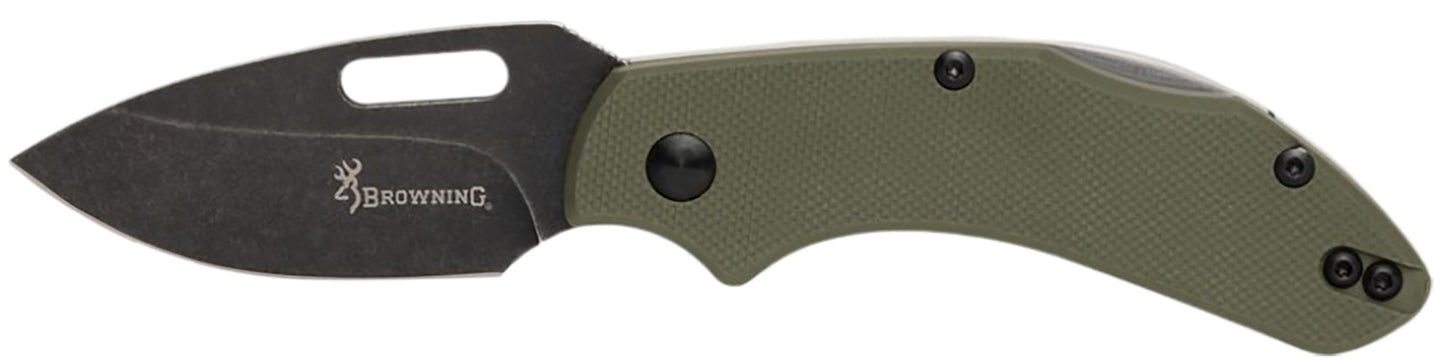 Browning 3220504B Hidden Hollow  EDC Small 2.25" Folding Drop Point Plain Black Oxide Stonewashed D2 Steel Blade, OD Green G10 Handle, Box Pkg