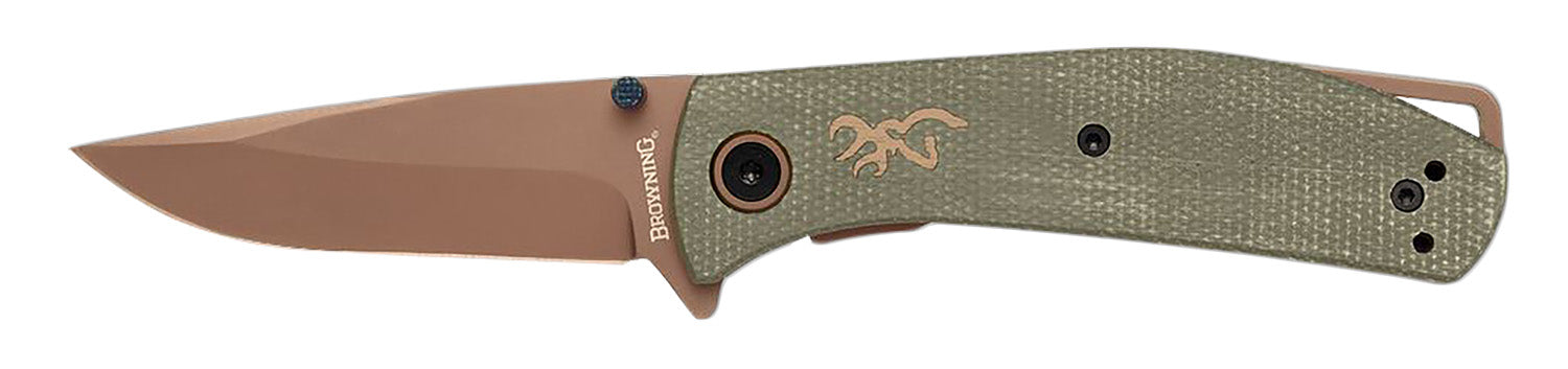 Browning 3220516B Trailside  EDC Small 3" Folding Modified Drop Point Plain Titanium Finish D2 Steel Blade, Green Micarta Handle, Boxed Pkg