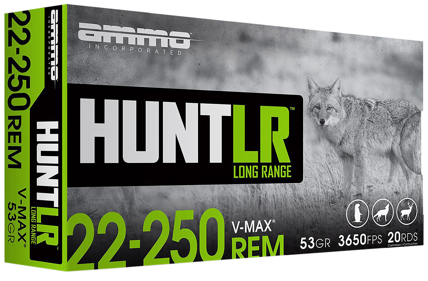 Ammo Inc 22250053VMXA20 Hunt Long Range 22-250Rem 53gr V-Max 20 Per Box/10 Case