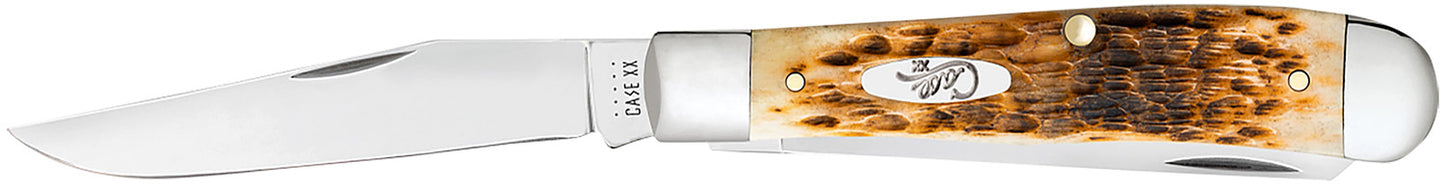 Case 00164 Trapper  Medium 3.25"/3.27" Folding Clip Point/Spey Plain Mirror Polished Tru-Sharp SS Blade Peach Seed Jigged Amber Bone Handle