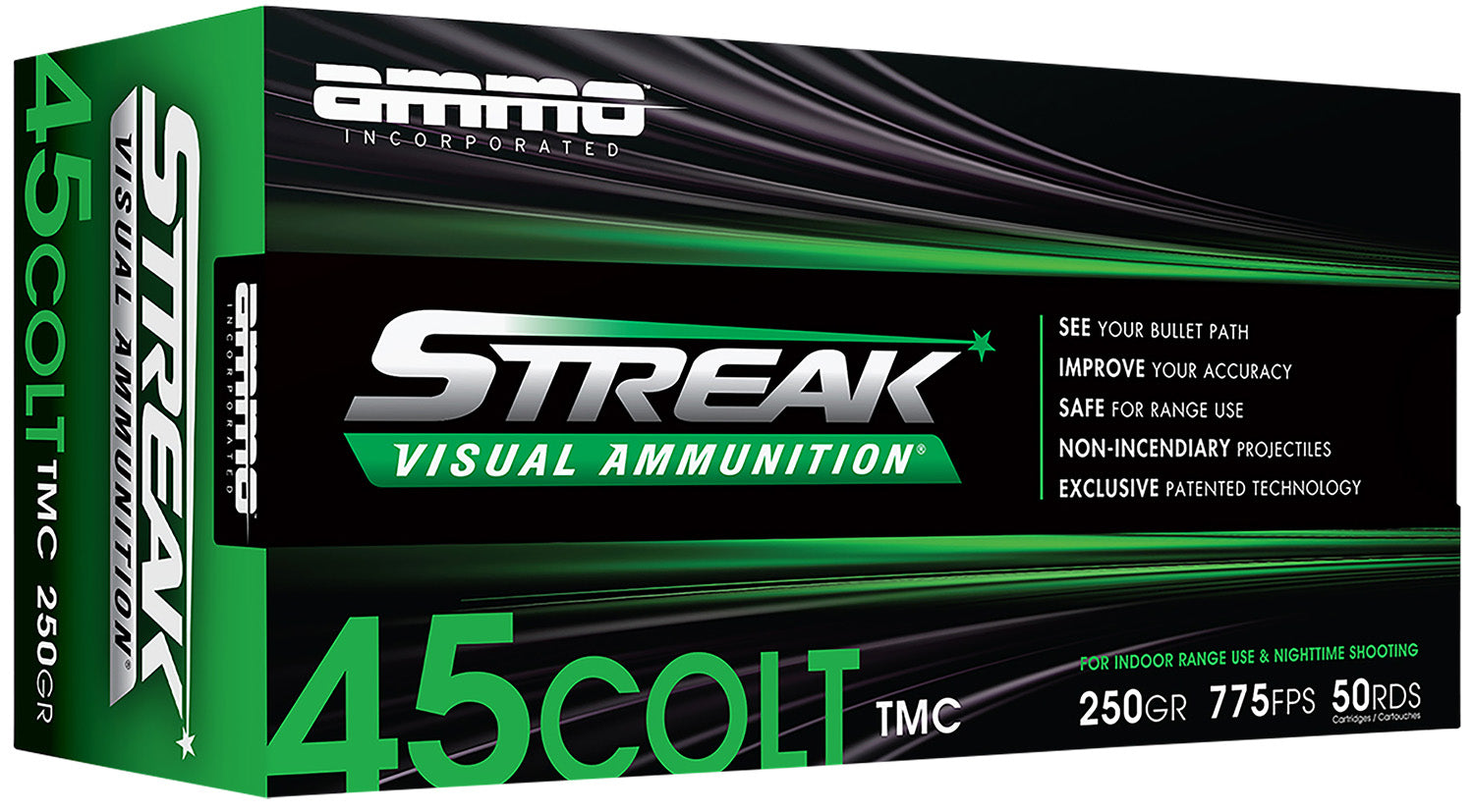 Ammo Inc 45C250TMCSTRKGRN50 Streak Visual (GREEN)  45Colt 250gr Total Metal Case 50 Per Box/20 Case