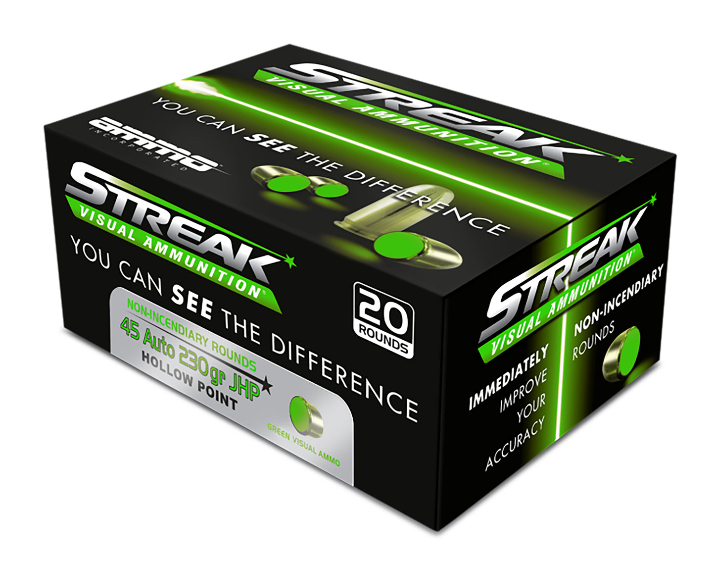 Ammo Inc 45230JHPSTRKGRN Streak Visual (GREEN)  45Auto 230gr Jacketed Hollow Point 20 Per Box/10 Case