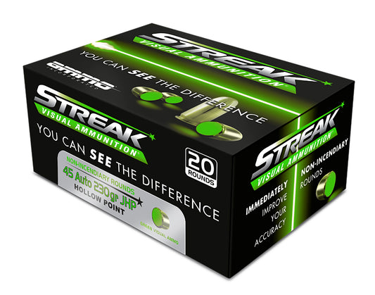 Ammo Inc 45230JHPSTRKGRN Streak Visual (GREEN)  45Auto 230gr Jacketed Hollow Point 20 Per Box/10 Case