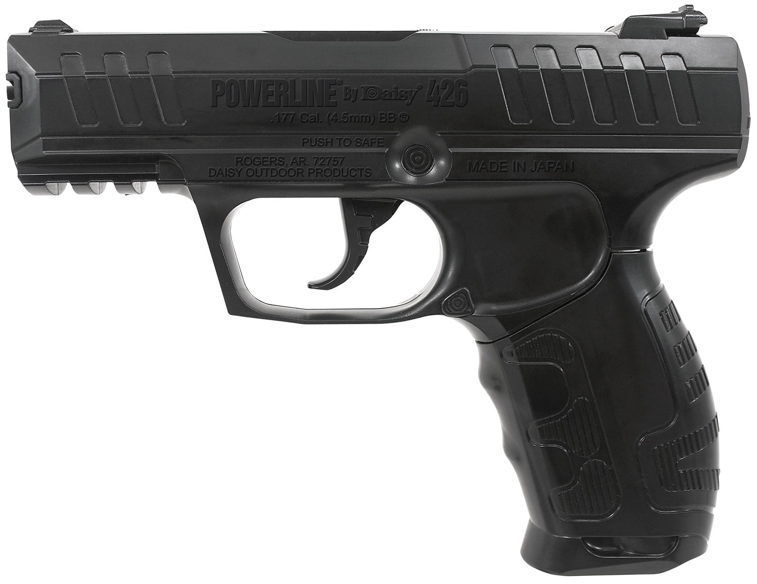 Daisy 980426442 Powerline Air Pistol CO2 177 Semi-Automatic 15 Shot Built-In BB Magazine, Smooth Bore Steel Barrel, Blade Front/Fixed Open Rear Sights, Molded Black Grip