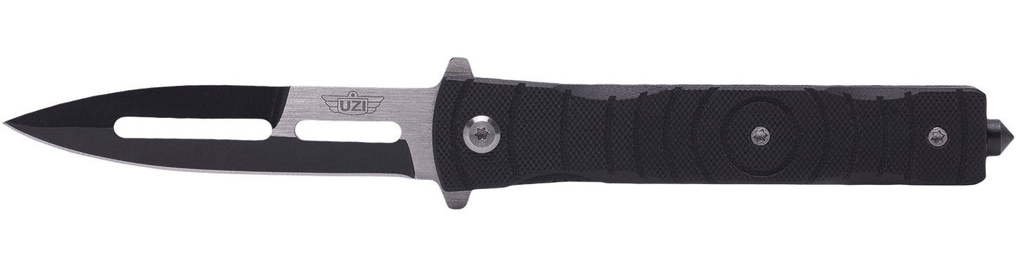 Uzi Accessories UZKFDR014 Mossad III 3.50" Folding Spear Point Plain Black/Silver Stainless Steel Blade Black G10 Handle Features Glass Breaker Includes Metal Clip