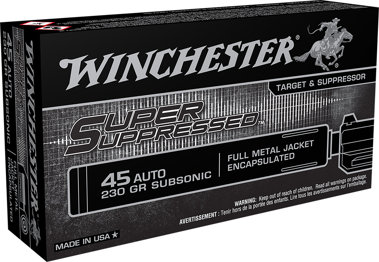 Winchester Ammo SUP45 Super Suppressed  45ACP Subsonic 230gr Encapsulated Full Metal Jacket 50 Per Box/10 Case