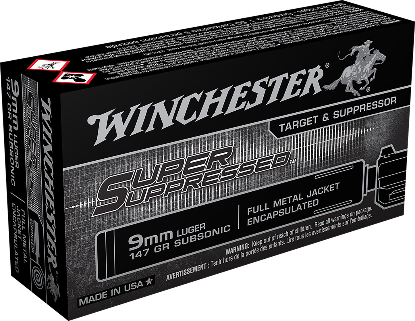 Winchester Ammo SUP9 Super Suppressed  9mmLuger Subsonic 147gr Encapsulated Full Metal Jacket 50 Per Box/10 Case