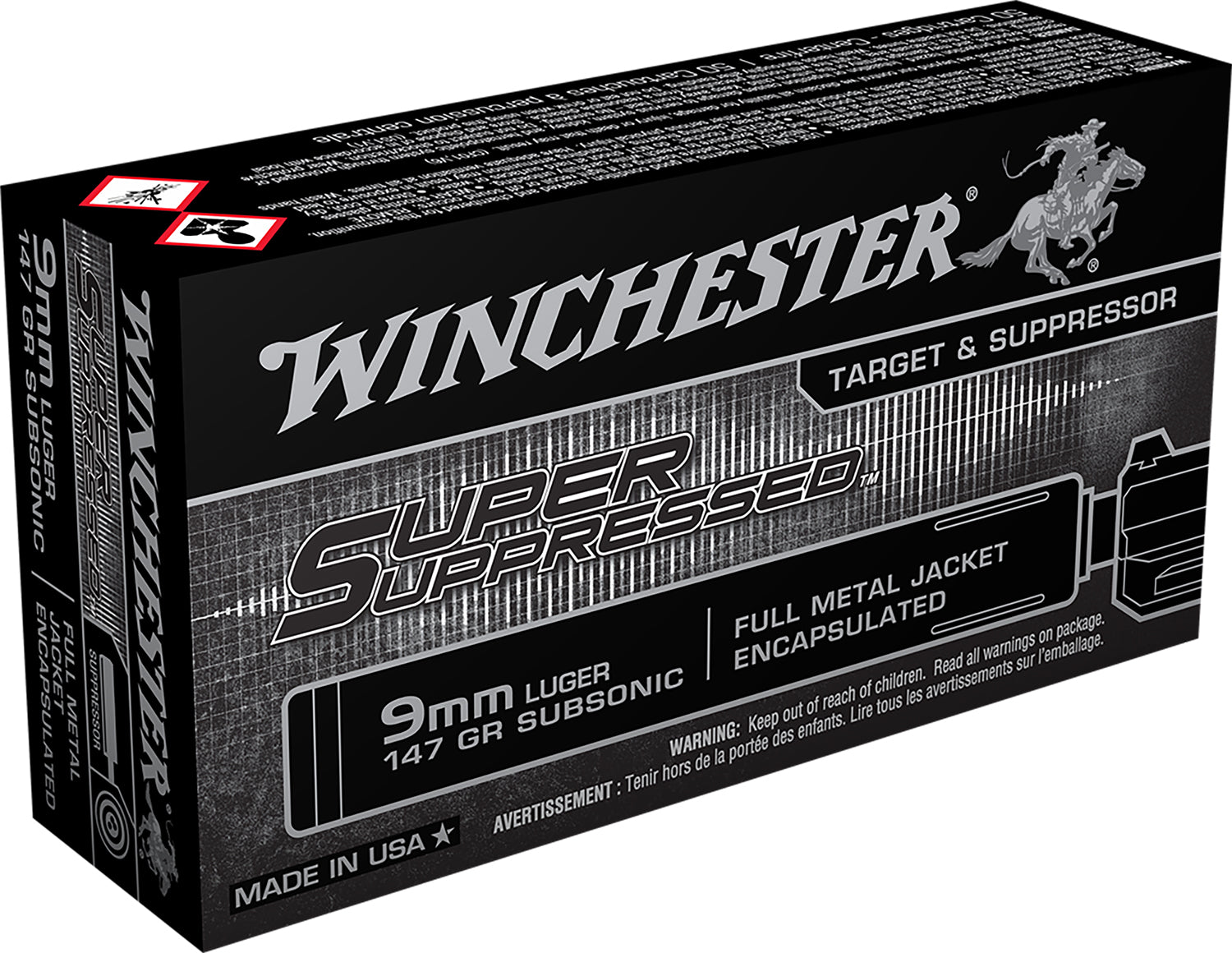 Winchester Ammo SUP9 Super Suppressed  9mmLuger Subsonic 147gr Encapsulated Full Metal Jacket 50 Per Box/10 Case