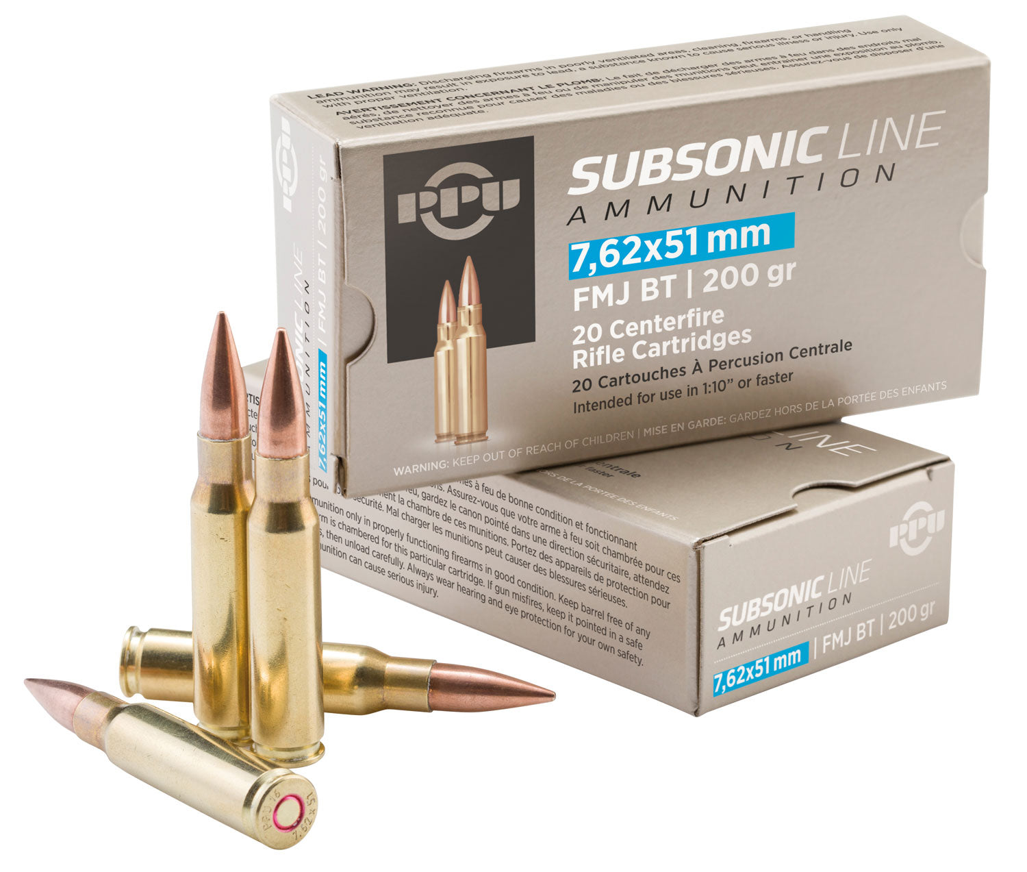 PPU PPS762 Subsonic  7.62x51mmNATO 200gr Full Metal Jacket Boat Tail 20 Per Box/10 Case