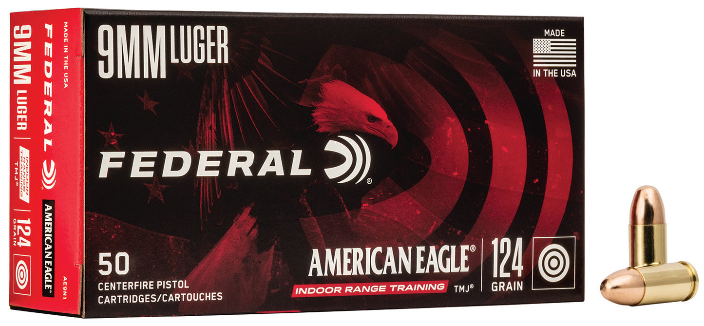 Federal AE9N1 American Eagle Indoor Range Training 9mmLuger 124gr Total Metal Jacket 50 Per Box/20 Case