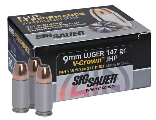 Sig Sauer E9MMA320 Elite Performance  9mmLuger 147gr V-Crown Jacketed Hollow Point 20 Per Box/10 Case
