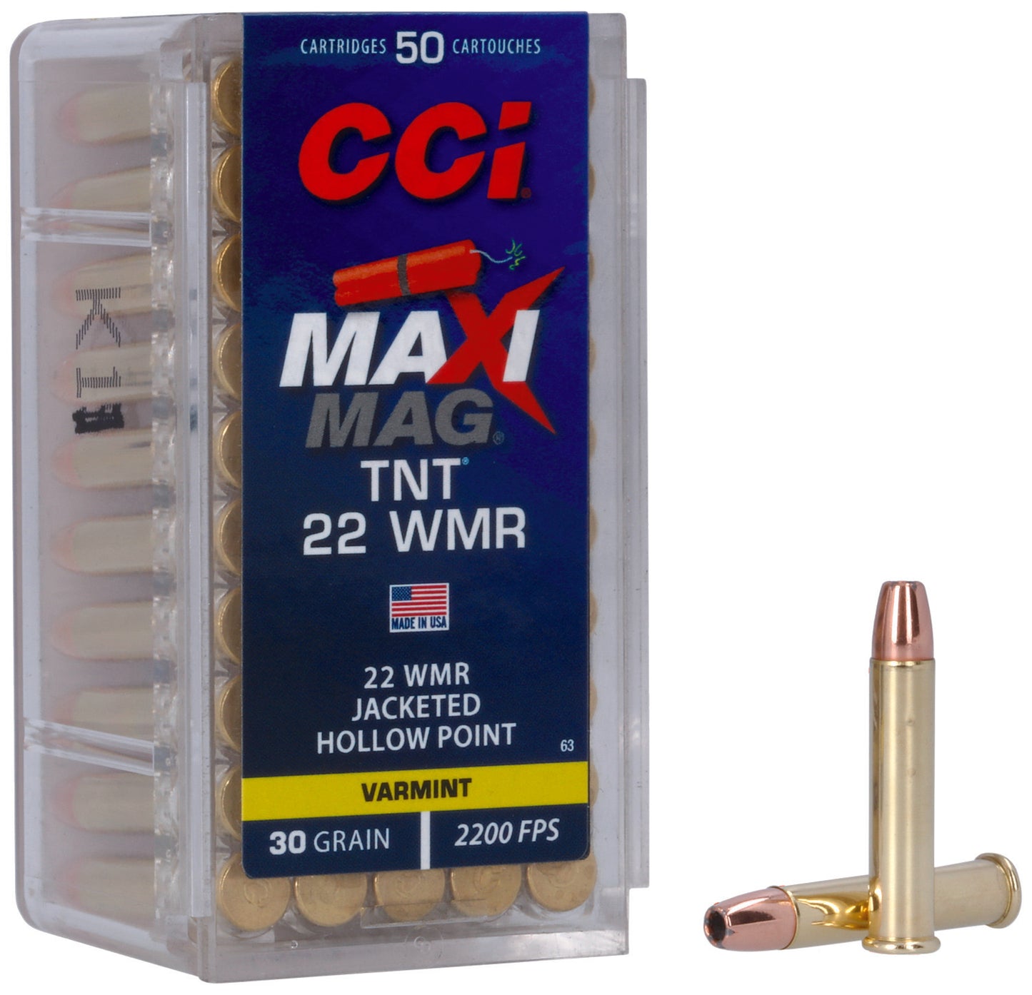 CCI 0063 Maxi-Mag TNT 22WMR 30gr TNT Jacketed Hollow Point 50 Per Box/40 Case